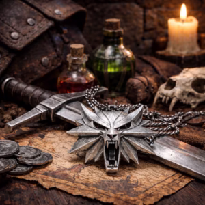 Medalion wiedźmiński Geralt Szkoły Wilka w jasnym srebrze – wilczy amulet prezent fantasy